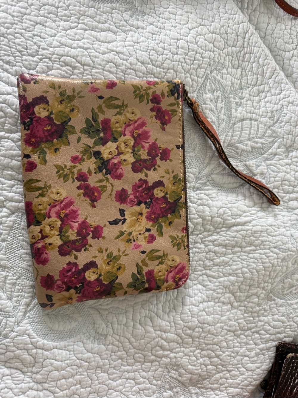 Patricia Nash Beige Floral Zip Wristlet with Pink and Yellow Blooms